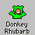 Green pixelated character with brown hair and red mouth in multiple poses above text reading 'Donkey Rhubarb' on gray background.