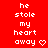 Red background with white pixelated text reading 'he stole my heart away' and a small pink heart symbol, arranged in three across multiple