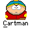 Pixel art buddy icon of a cartoon character with rainbow striped hat, red jacket, and yellow sleeves on gray background with text "Cartman" below and "Instant Icons .com" to the right.