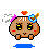 Pixel art character with brown body, white wings, pink headband, blue horn accessory, and red heart above; two expressions shown.