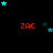 Red 'ZAC' text appears in three against a black background, with cyan and dark blue stars scattered around, some stars move between frames