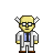 Pixelated character with light brown hair, black glasses, and a white lab coat over blue shirt and dark tie.