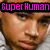 Pixelated close-up of a person's face with two text overlays: 'Super Human' in pink on black at top left and '<3 love <3' in pink on black at bottom right.