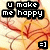 Pixelated image with text blocks reading 'u make me happy' over a warm-toned abstract background featuring red and orange lines.