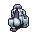 Pixelated creature with silver-blue armor and purple accents shifts through multiple poses including crouching, standing, and running with red eyes visible in some frames.