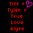 Pixelated red text on black background with a pink heart symbol, showing two identical side-by-side layouts of 'Tiff + Tyler = True Love 4lyfe' where the left layout includes an additional heart.