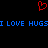 Red pixelated heart symbol above blue pixelated text reading "I LOVE HUGS" on black background.