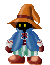 Pixelated character with black face, yellow eyes, orange hat, blue coat, green-and-white striped pants, and brown shoes in multiple poses.