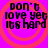 Four identical red circular patterns on a bright purple background with black text reading "don't love yet it's hard" in pixelated font.