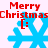 Red 'Merry Christmas' text above blue snowflakes with red smiley faces on a white background, animated with snowflake movement.