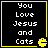 Four identical display white pixelated text "You Love Jesus and Cats" on black backgrounds with yellow borders, each containing a small yellow Pac-Man icon in the bottom-right corner