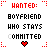 Animated contact sheet of 25 frames showing a repeating text-based buddy icon with red "WANTED:" and black "BIYFRIEND WHO STAYS COMMITTED" text, small heart symbols, and dotted cross patterns on white background.