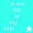 Pixelated text "Snow Biz is my life!" with a star icon on cyan and white backgrounds.