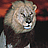 Pixelated close-up of a lion's face with light brown and gray fur, black eyes, nose, and mouth, white teeth, against dark red and black background.