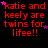 Red text on black background with pink stars, repeating 'katie and keely are twins for life!!' across a