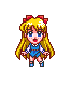 Pixel art character with blonde hair and red bows transitions through multiple states including standing, holding a wand, and transforming into a black silhouette with yellow stars.