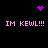 Pixelated icon with black background, pink text "IM KEWL!!!" repeated four times, and purple pixel art symbols including a heart and starburst.
