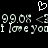 Pixelated white text and symbols on black background: '99.0% <399.0% <3' repeated twice with 'i love you' below, heart symbol above.