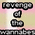Pixelated text reads 'revenge of the wannabes' in white letters on black rectangular backgrounds against a pink and beige gradient backdrop.