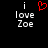 Pixelated text 'i love Zoe' appears twice on a black background with one instance featuring a red heart symbol replacing the word 'love'.