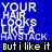 Pixelated blue background with white text reading 'YOUR HAIR LOOKS LIKE A HAYSTACK' and black rectangular bar containing white text 'But i like it'.