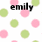 Pixelated polka-dot background with pink and green circles, overlaid with black text reading 'emily', 'courtney', 'marissa', and 'bf4l'.