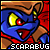 nine identical pixel art images showing a blue cartoon character with yellow eyes and red pupils, brown hair, and a red mouth, set against a red background with the text "SCARABUG" below