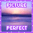 Two identical pixelated images of a sunset over water with 'PICTURE' and 'PERFECT' text overlays, framed by purple borders.