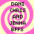 Four identical pixelated icons arranged in a , each featuring pink and yellow spiral backgrounds with black text reading DANI CHRIS AND JENNA BFFS