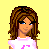 Pixel art of a female character with brown hair, blue eyes, and pink text on her shirt against a yellow background.