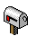 Pixelated silver mailbox with red flag on brown post, showing sequential animation of flag and mailbox opening with hand gestures.