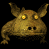 A small, brown, reptilian creature with glowing yellow eyes and sharp teeth appears in showing mouth and eye animations against a black background