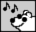 Pixelated cartoon dog head with black spots and musical notes in four showing animation changes