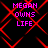 Pixelated text 'MEGAN OWNS LIFE' in bright pink appears over a red geometric pattern on black background
