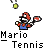 Pixelated character in red cap and blue overalls holds tennis racket, with tennis ball above; text reads 'Mario Tennis' below.