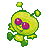 Pixelated yellow alien with green accents, two large purple eyes, and multiple bulbous appendages on a gray background.