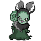Pixelated green creature with gray ears and dark fur collar, shown in six sequential expressions from neutral to angry.