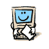 Animated cartoon computer with blue screen displaying smiley face, beige body, and white hands holding paper in various poses.