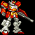 Pixelated robot with red and yellow armor, silver limbs, and a crown-like headpiece in four distinct poses against black background.