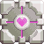 Pixelated icon with central pink heart surrounded by gray and white geometric shapes and purple accents.