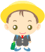 Pixelated cartoon boy with yellow hair, green eyes, red tie, dark gray outfit, blue shoes, and green bag against light gray background.