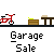 Pixel art animation of a yellow figure with white head interacting with garage sale items including red bicycle, brown boxes, and tables under gray background.