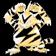 25 pixelated tiger-like creatures with alternating yellow/black and blue/white striped patterns, some with red or blue eyes, on a black background