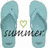 Two light blue flip-flops flank a central heart symbol with pixelated text below, all on white background.