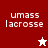 A split-screen pixel art image with red and pink backgrounds displaying "umass lacrosse" text and star icons in white and red.