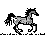Pixelated horse animation showing four sequential running poses with a small black post in the final frame.