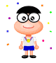 Animated contact sheet of a cartoon character in multiple poses with confetti-like background elements, displayed as 3x3 grid of sampled frames.