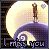 A pixelated image of a character standing on a curved hill under a large yellow moon, with 'I miss you' text at the bottom and a small heart symbol in the top right corner.