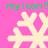 Pixelated snowflake icons on a bright pink background with green text reading 'myicon!!' above and below each icon.