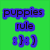 Green background with blue text 'puppies rule :}8]'; six puppy images arranged in two of three